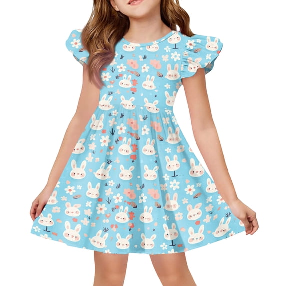 yuCgh Easter Dress for Girls: Flutter Sleeve A-Line Summer Party Dress, Lightweight Casual T-Shirt Style Dress for Easter Day,Light Blue 120
