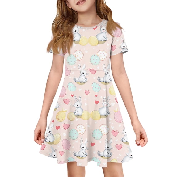 yuCgh Floral Easter Dress for Toddler Girls, Short Sleeve Summer Dress with Pocket, Casual Party Dress for Easter Day & Spring Outings,Beige 160
