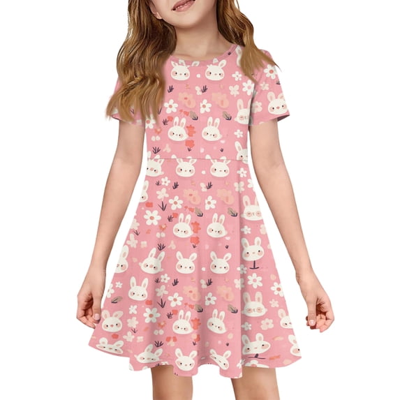 yuCgh Floral Print Easter Dress for Girls, Short Sleeve Summer Dress with Front Pocket, Lightweight Casual Party Dress for Kids,Pink 110