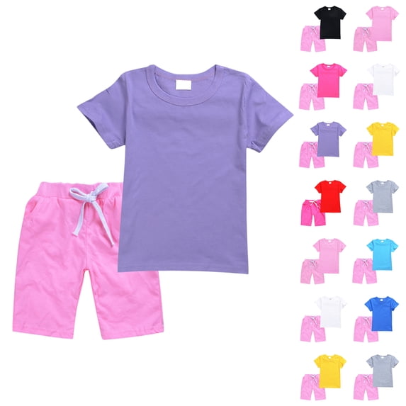 yuCgh Girls' 2-Piece Set Color Tee & Shorts Outfit, Summer Casual Playwear, Breathable Cotton Short Sleeve Top and Elastic Waist Shorts, Perfect for Outdoor Activities,Blue 160
