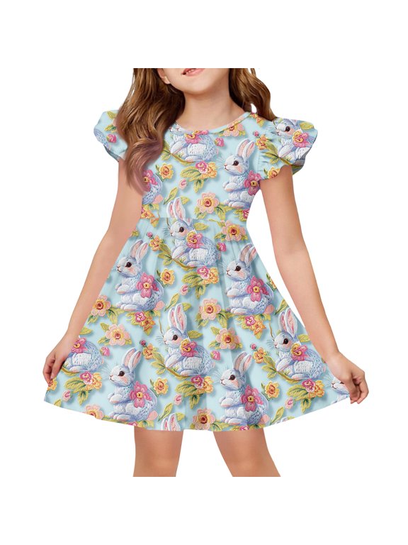 Girls Easter Dress with Flutter Sleeves, A-Line T-Shirt Style Summer Party Dress, Lightweight & Comfortable Easter Dress for Kids,Light Blue 110