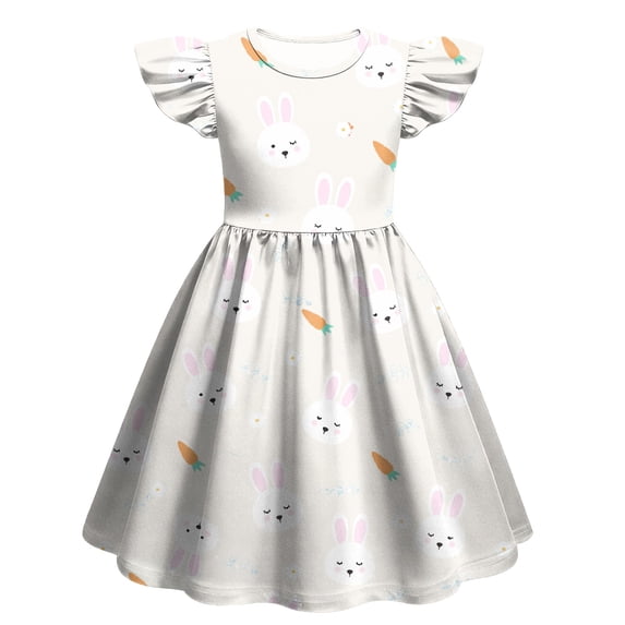 yuCgh Girls Easter Dress with Flutter Sleeves & Ruffle Hem, Fashion Casual Summer Printed Dress, Lightweight & Stylish Easter Dress,Beige 140