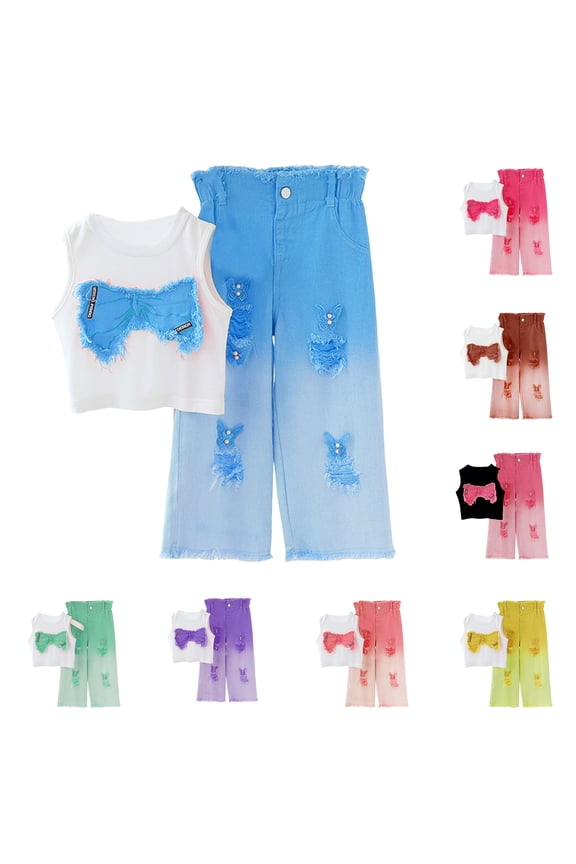 Girls' Fashion Sleeveless Distressed Denim Two-Piece Set for Older Kids, Trendy Street Style, Ripped Jeans and Tank Top, Cool Outfit for kids,Purple 120