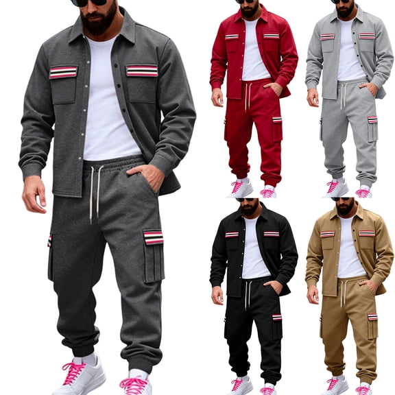 yuCgh Men's 2-Piece Casual Set with Loose Fit Fleece-Lined Jacket and Outdoor Cargo Pants, Warm for Winter Activities, Durable and Functional for Outdoor and Sports Use,Red XL