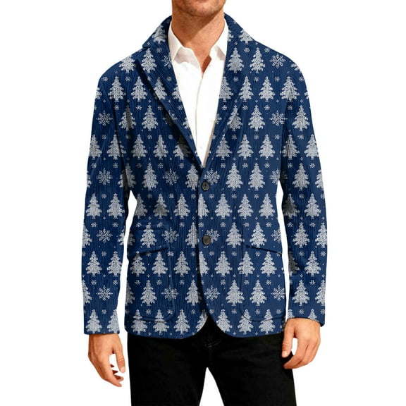 yuCgh Men's Business Casual Christmas Print Corduroy Jacket, Festive Style for Office Parties and Holiday Events, Professional yet Fun,Blue XL