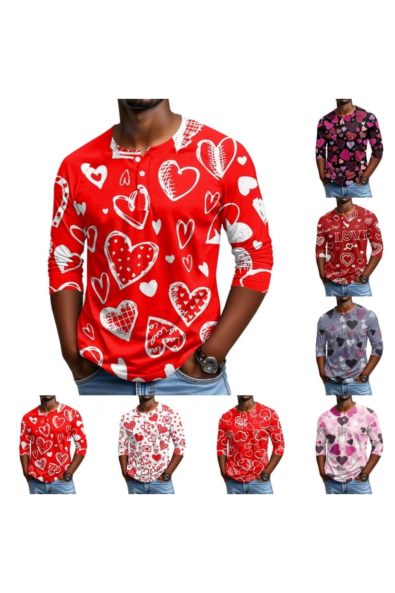 Men's Casual 3/4 Sleeve Raglan Top with Henley Neck, Valentine's Day Love Heart Pattern, Lightweight Relaxed Fit Shirt for Holiday Style,Red 3XL