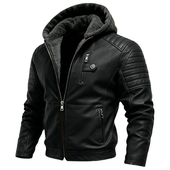 yuCgh Men's Casual Fashion Solid Color Leather Jacket with Zipper Hood, Stylish Biker Jacket for Everyday Use,Black L