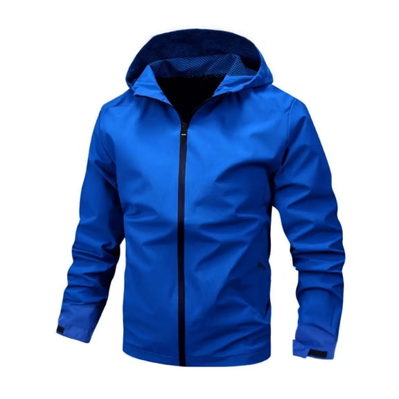 yuCgh Men's Casual Solid-color Hooded Zipper Jacket, Windproof Lightweight Windbreaker for Outdoor Activities, Water-Resistant and Comfortable,Blue XL