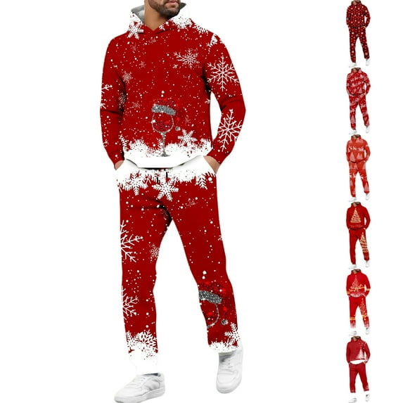 yuCgh Men's Casual Sports Solid Color Fleece Pullover Suit, Christmas Print Design Two-Piece Set for Athletic and Lounge Wear, Soft and Warm for Winter Activities,Vermilion M