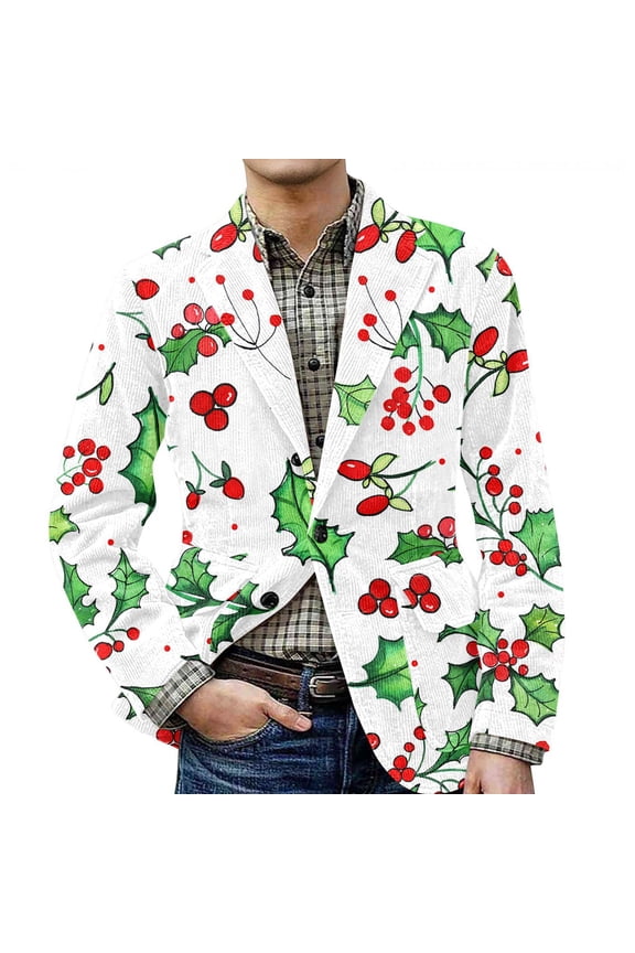 Men's Christmas Corduroy Jacket with Warm Pockets and Suit Style, Casual Cardigan for Holiday Events, Durable Fabric,White M