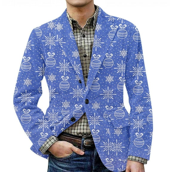 yuCgh Men's Christmas Themed Corduroy Jacket with Warm Pockets and Suit Style, Casual Cardigan for Men, Fun and Functional,Blue M