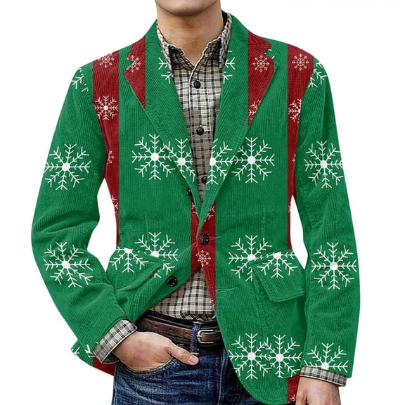 yuCgh Men's Christmas Themed Corduroy Jacket with Warm Pockets and Suit Style, Casual Cardigan for Men, Fun and Functional,Dark Green 3XL