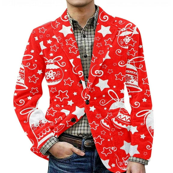 yuCgh Men's Christmas Themed Corduroy Jacket with Warm Pockets and Suit Style, Casual Cardigan for Men, Fun and Functional,Red L