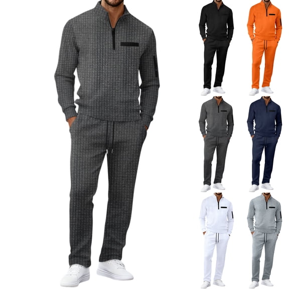 yuCgh Men's Classic Casual Trendy 2-Piece Set, Waffle Knit Stand Collar Quarter Zip Pocket Hoodie and Elastic Waist Pants, Stylish Outfit for Sports and Leisure Wear,Navy L