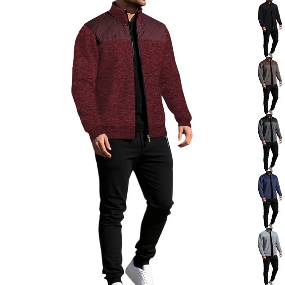 yuCgh Men's Color Block Knit Zippered Cardigan Sweater and Pants Set, Two-Piece Casual Outfit with Modern Design for Fall and Winter Wear,Wine 3XL