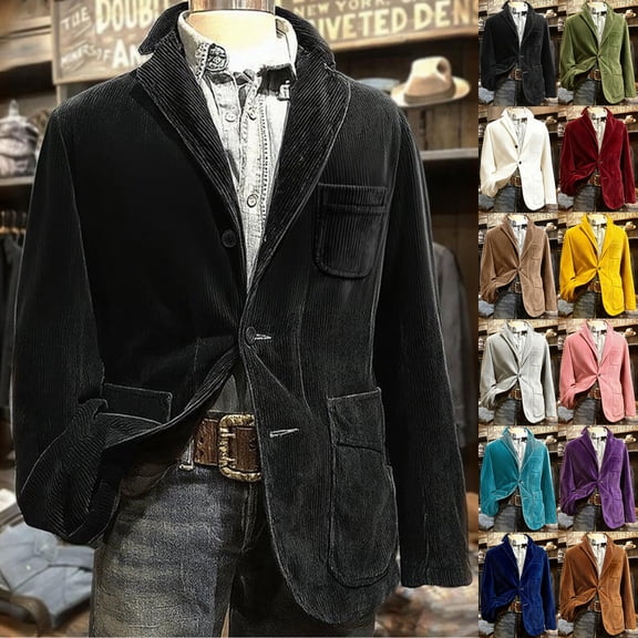 yuCgh Men's Corduroy Blazer Jacket, Solid Color Casual Suit Cardigan with Warm Pockets, Lightweight Fall Winter Outerwear for Business Casual & Daily Wear,Black,L