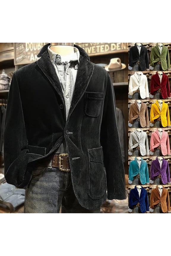 Men's Corduroy Blazer Jacket, Solid Color Casual Suit Cardigan with Warm Pockets, Lightweight Fall Winter Outerwear for Business Casual & Daily Wear,Purple,M