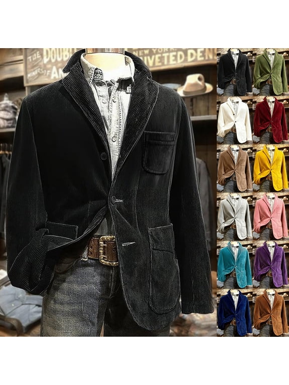Men's Corduroy Blazer Jacket, Solid Color Casual Suit Cardigan with Warm Pockets, Lightweight Fall Winter Outerwear for Business Casual & Daily Wear,Red,3XL