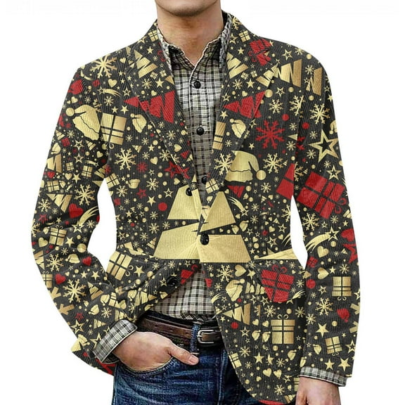 yuCgh Men's Corduroy Jacket with Ugly Christmas Design and Warm Pockets, Suit Cardigan for Casual Use,Gold 2XL