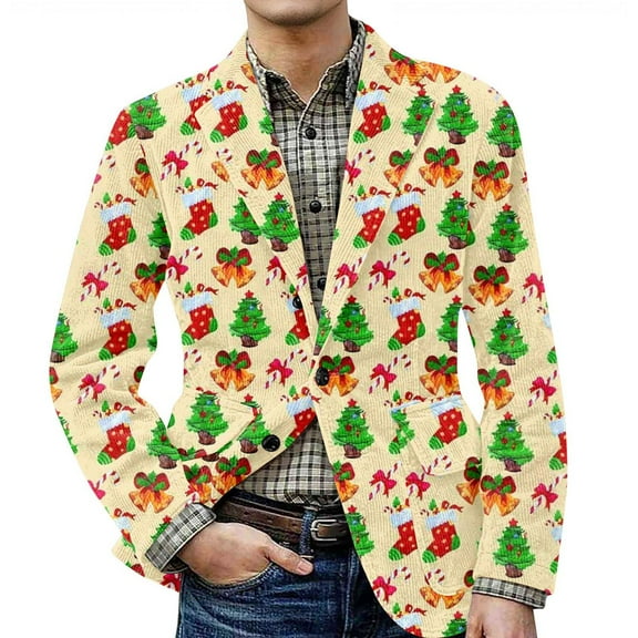 yuCgh Men's Corduroy Jacket with Ugly Christmas Design and Warm Pockets, Suit Cardigan for Casual Use,Light Green 3XL