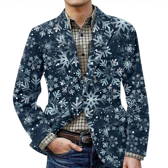 yuCgh Men's Festive Corduroy Suit Jacket with Warm Pockets and Ugly Christmas Print, Cardigan for Men, Cozy and Cheerful,Dark Blue XL
