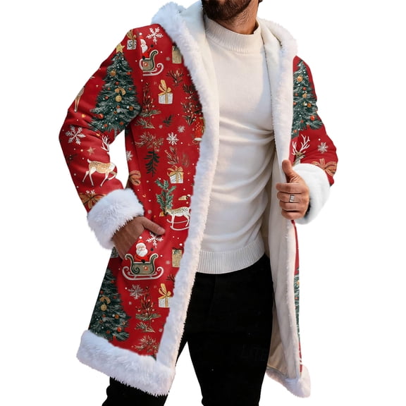 yuCgh Men's Festive Long Hooded Cardigan with Pockets, Warm Jacket for Christmas Seasons, Soft Fabric for All-Day Comfort,Green XL