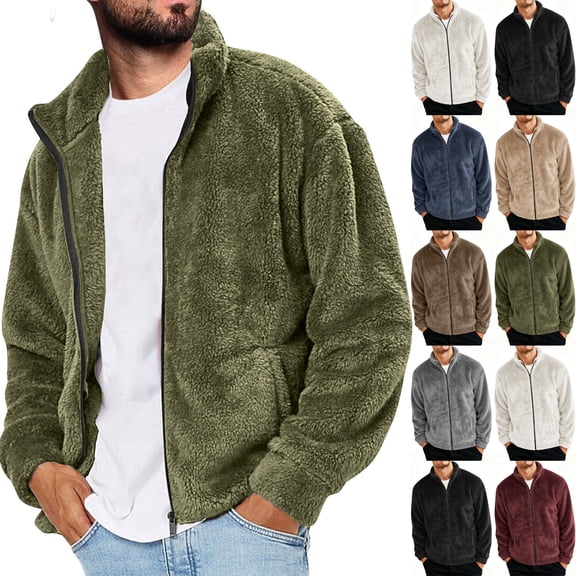 yuCgh Men's Fleece Cardigan Jacket, Full Zip Long Sleeve Thermal Coat, Loose Fit Lightweight Outdoor Fall Winter Jacket for Casual Wear,Black,XL