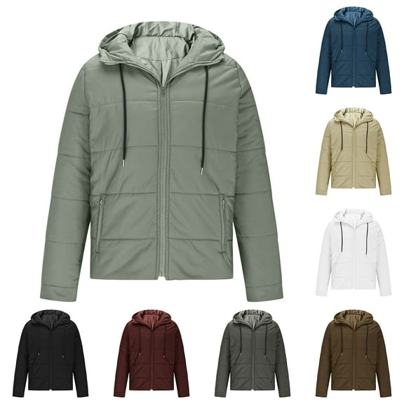 yuCgh Men's Fleece Lined Hooded Puffer Jacket, Thickened Winter Coat with Zip Front, Casual Warm Jacket for Cold Weather & Outdoor Activities,White,2XL