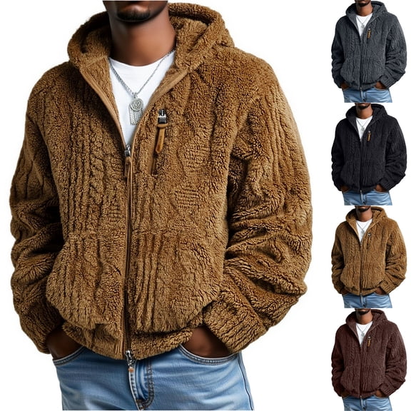 yuCgh Men's Fleece Lined Zip Up Hooded Jacket, Unisex Running Tracksuit Style Outerwear, Soft Long Sleeve Pullover for Sports and Casual Layering,Coffee S