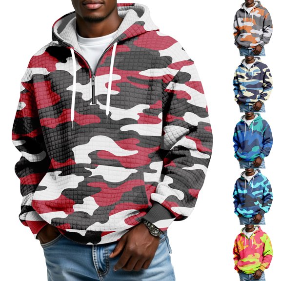 yuCgh Men's Half Zip Hooded Plaid Pullover with Print, Drawstring Casual Sports Sweatshirt, Fashion Check Pattern Design for Fall and Winter Outfits,Hot Pink M