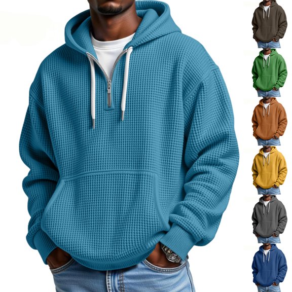 yuCgh Men's Half Zip Hooded Waffle Knit Sweatshirt, Solid Color Casual Pullover, Everyday Comfort Top with Front Zipper for Easy Wear,Yellow S