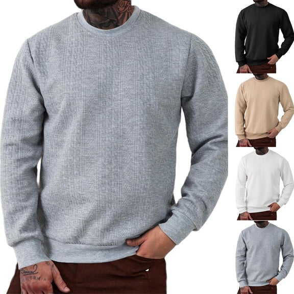 yuCgh Men's Jacquard Pattern Crewneck Sweatshirt, Textured Long Sleeve Casual Lightweight Pullover Shirt, Relaxed Fit Comfort Top for Fall Wear,White M