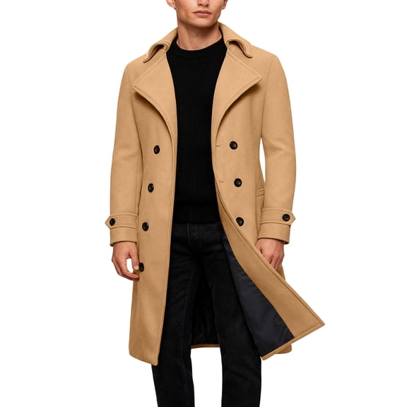 yuCgh Men's Leisure Slim Fit Double-Buckle Wool Long Windbreaker Coat, Stylish Trench for Fall and Winter, Windproof and Warm,Khaki 3XL
