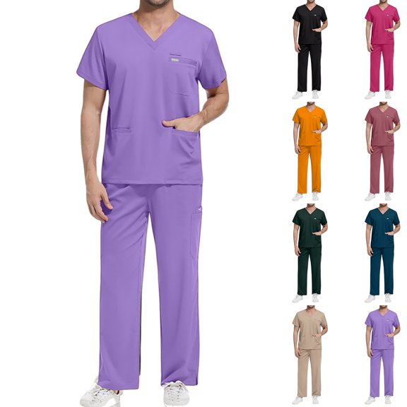 yuCgh Men's Loose Fit V-Neck Short Sleeve Top and Drawstring Waist Pants Set, Comfortable Workwear for Nursing, Medical, and Service Professions,Dark Green 2XL