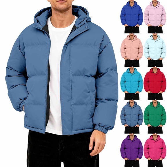 yuCgh Men's Oversized Puffer Jacket, Hooded Down Coat with Long Sleeves, Lightweight Warm Winter Outerwear for Casual Style & Cold Protection,Royal Blue,5XL