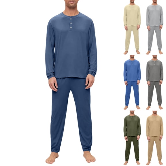 yuCgh Men's Pajama Set with Long Sleeve and Long Pants, Two-Piece Henley Collar Design for Comfortable Sleepwear, Breathable and Soft for Nighttime Lounge,Dark Blue S