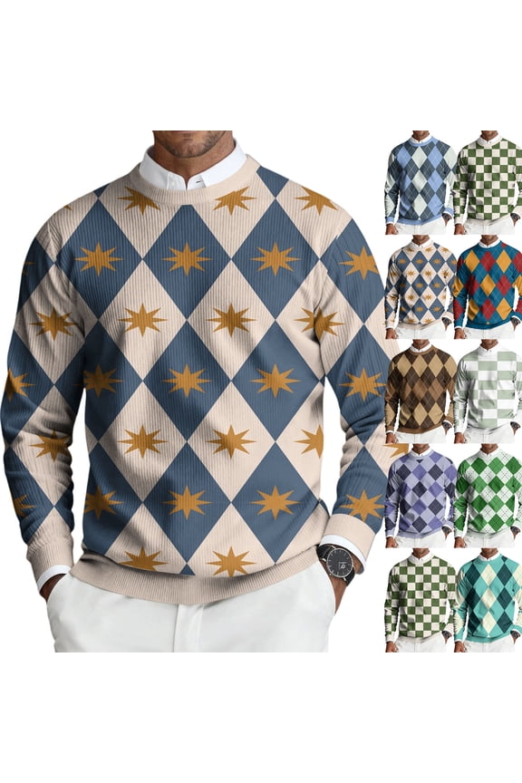 Men's Plaid Ribbed Knit Pullover, Round Neck Long Sleeve Casual Sweater for Men, Soft Stretch Fabric Relaxed Fit Fall Winter Comfort Top,Green M