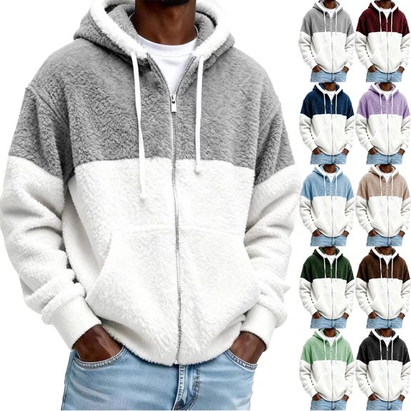 yuCgh Men's Plush Zip Up Hoodie Jacket, Fleece Lined Soft Sweatshirt with Pockets, Casual Cardigan for Cold Weather, Lounge & Outdoor Activities,Purple,L