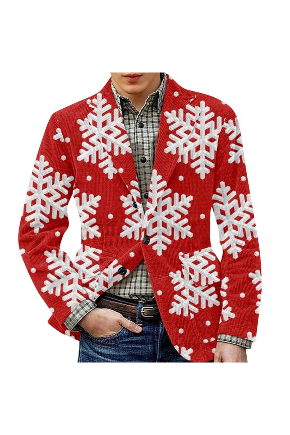 Men's Printed Corduroy Jacket with Warm Pockets and Suit Style, Casual Cardigan for Men, Ideal for Transitional Weather,Red 2XL