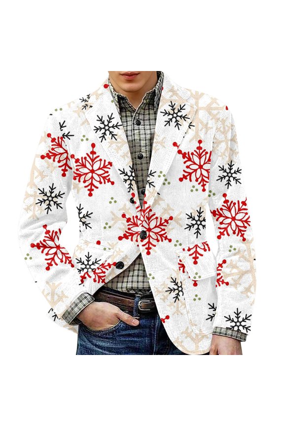 Men's Printed Corduroy Jacket with Warm Pockets and Suit Style, Casual Cardigan for Men, Ideal for Transitional Weather,White M
