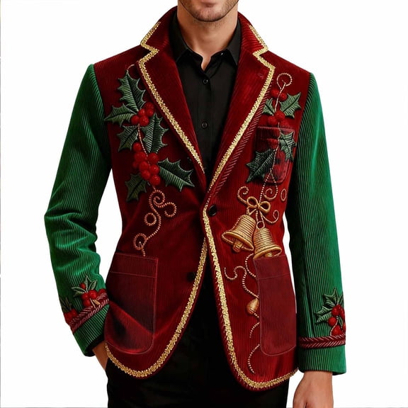 yuCgh Men's Printed Corduroy Suit Jacket with Warm Pockets and Cardigan Design, Casual Wear for Men, Suitable for Various Occasions,Red 2XL