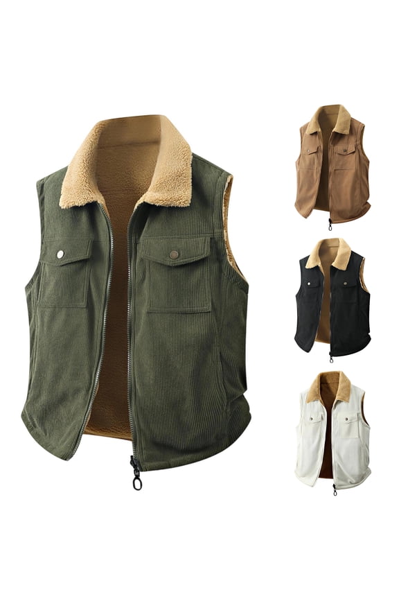 Men's Reversible Fleece Vest, Double Sided Lambskin Collar Waistcoat, Color Contrast Zip Up Jacket for Warm Layering & Casual Style,Black,3XL