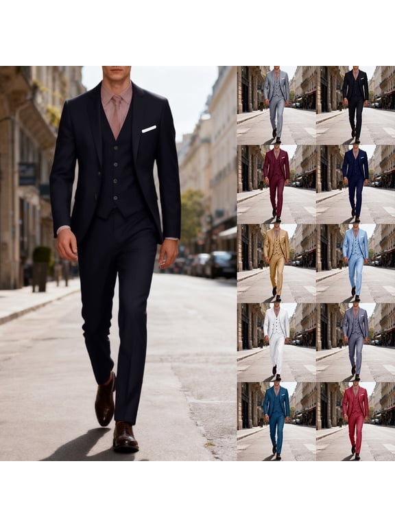 Men's Slim Fit One-Button Three-Piece Suit Set, Formal Business Blazer, Vest, and Trousers for Wedding, Party, and Office Occasions,Dark Blue L