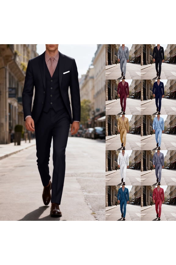 Men's Slim Fit One-Button Three-Piece Suit Set, Formal Business Blazer, Vest, and Trousers for Wedding, Party, and Office Occasions,Khaki S