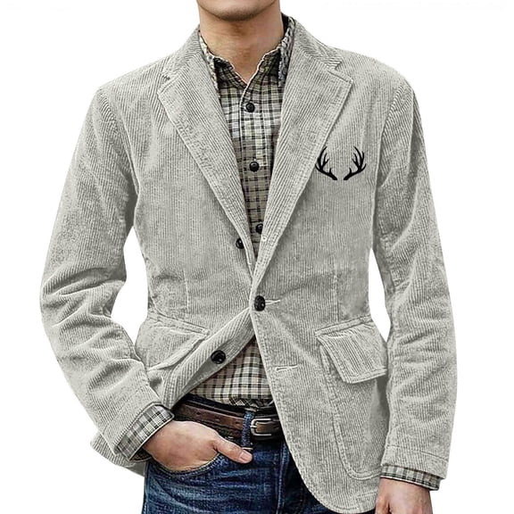 yuCgh Men's Solid Color Corduroy Casual Suit Jacket with Warm Pockets and Small Print, Cardigan Style for Business and Leisure,Gray 2XL