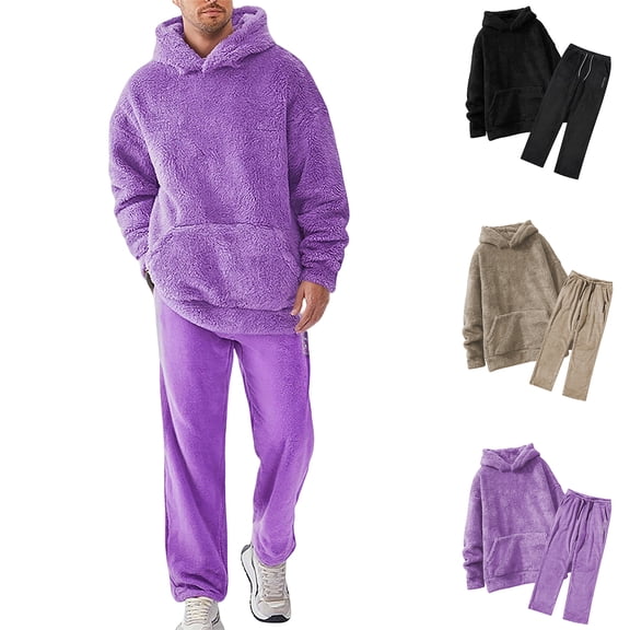 yuCgh Men's Solid Color Hooded Universal Versatile Hooded Sweatshirt and Sweatpants Casual Sports Suit, Coral Fleece Set for Winter Wear,Purple L