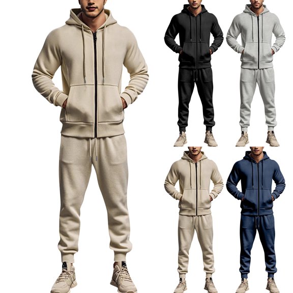 yuCgh Men's Solid Color Long Sleeve Hooded Sports Casual Suit, Fleece-Lined Two-Piece Set for Warmth and Comfort, Ideal for Outdoor Activities and Winter Sports,Navy L