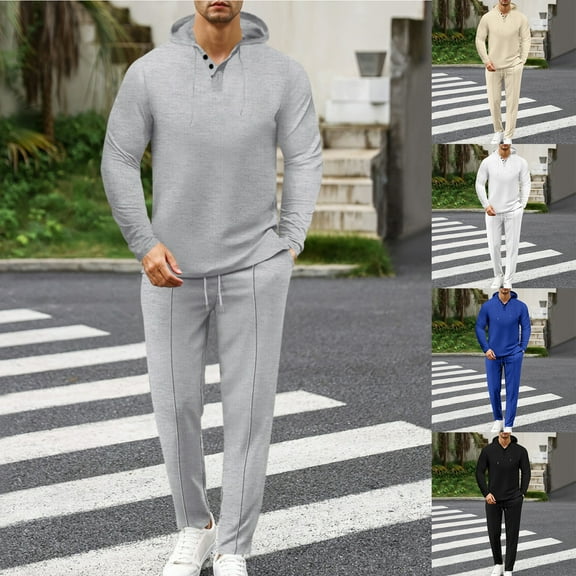 yuCgh Men's Solid Color Long Sleeve Hooded Waffle Knit Sweatshirt and Pants Set, Casual Two-Piece Loungewear for Men with Breathable Fabric,Black M