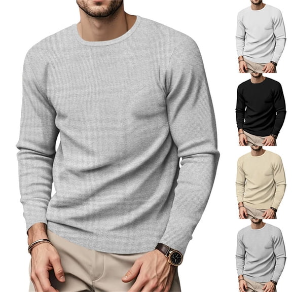 yuCgh Men's Solid Color Waffle Knit Pullover, Round Neck Long Sleeve Casual Top, Soft Breathable Fabric Loose Fit Comfort Shirt for Daily Wear,White S