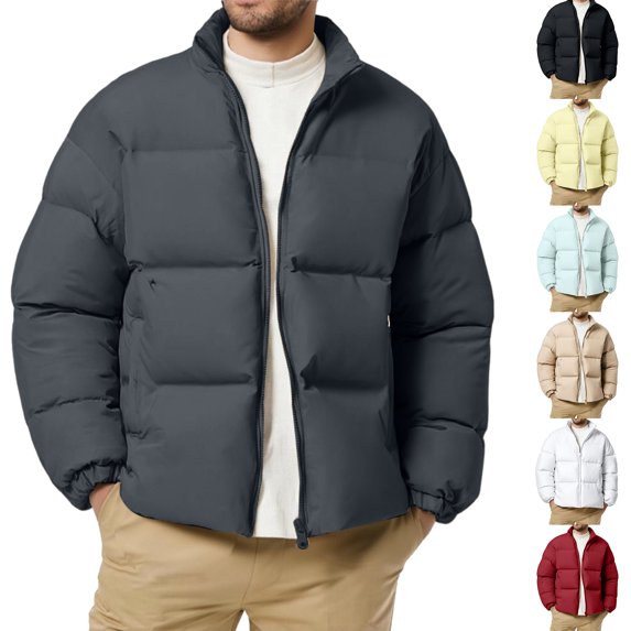 yuCgh Men's Stand Collar Puffer Jacket, Long Sleeve Zip Up Cotton Coat, Thickened Warm Loose Fit for Winter Casual & Outdoor Protection,Khaki,M